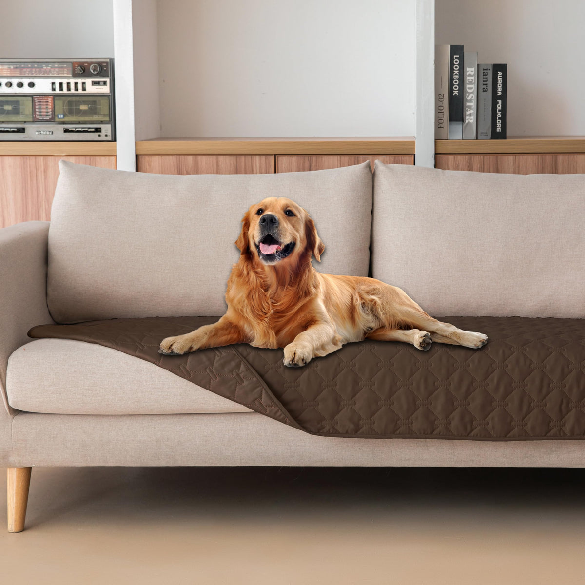 Gogobunny 3x Stronger Waterproof Pet Blanket on a sofa protects from spills
