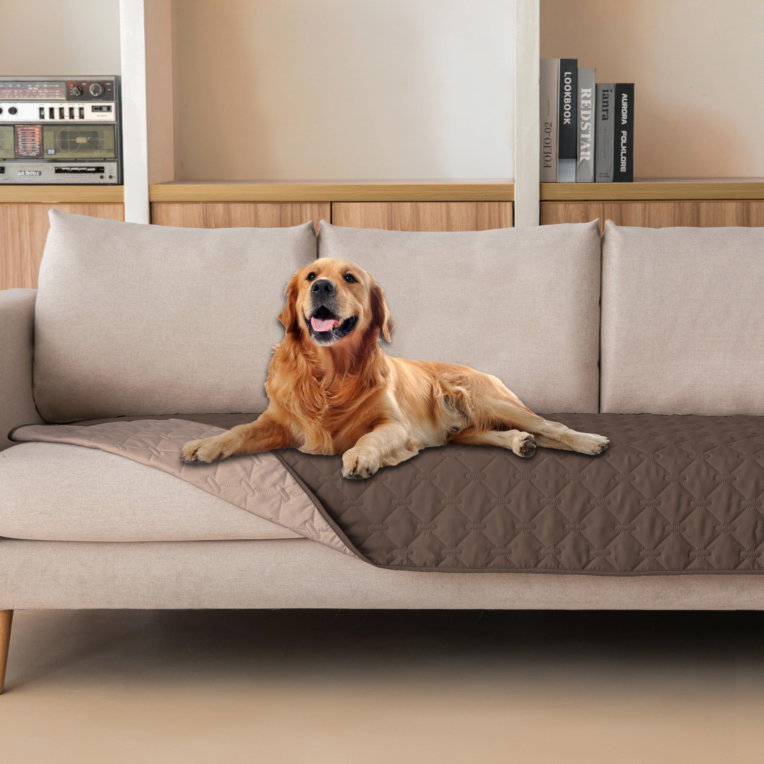 Gogobunny dark chocolate plaid blanket offers soft, waterproof protection for sofas.