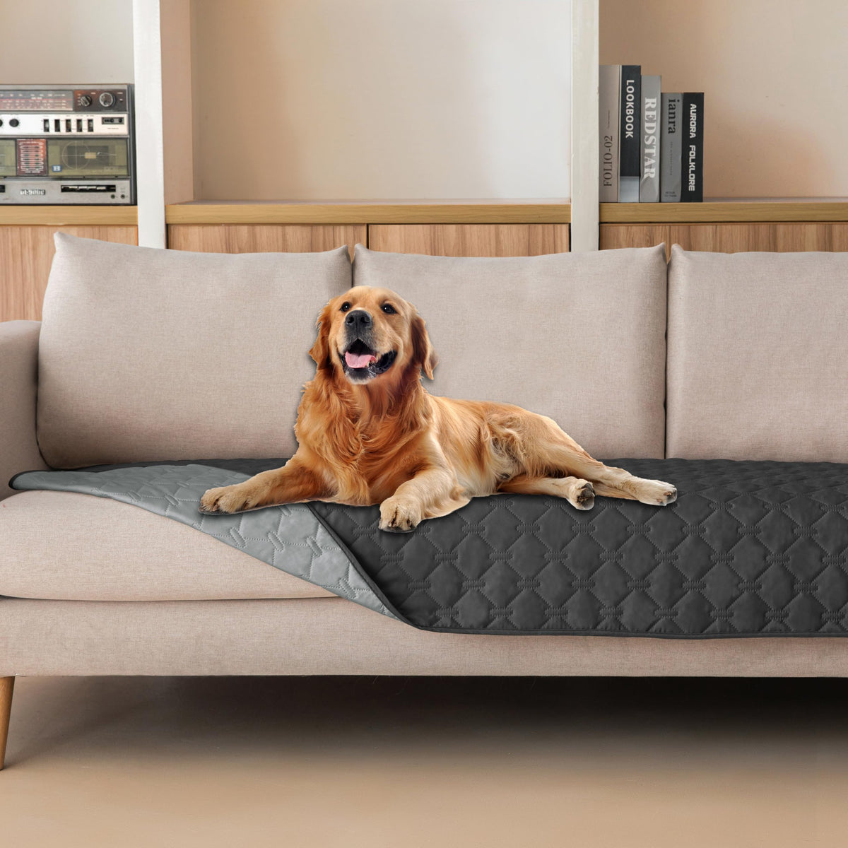 gogobunny double-sided waterproof dog blanket protects seats from spills and dirt.