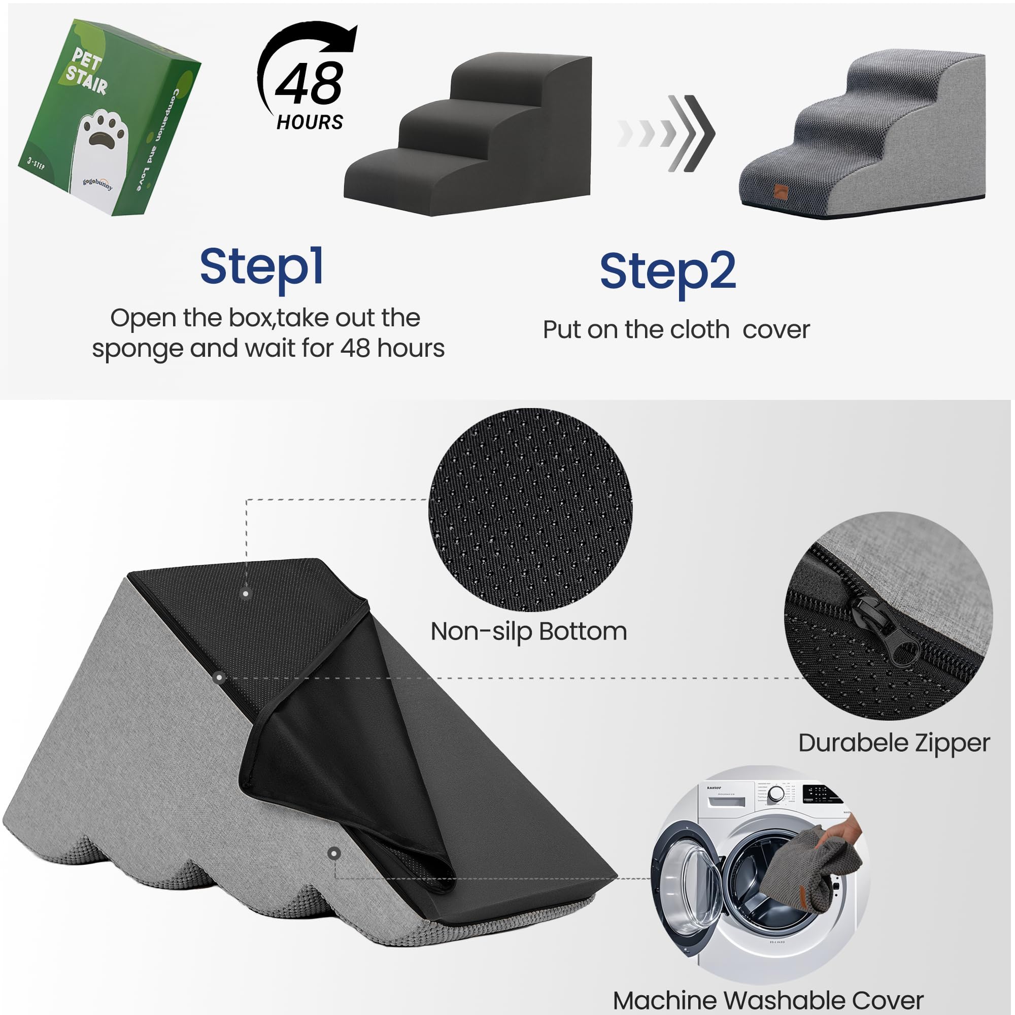 GoGoBunny ramp dog stairs expands from packaging to full height.