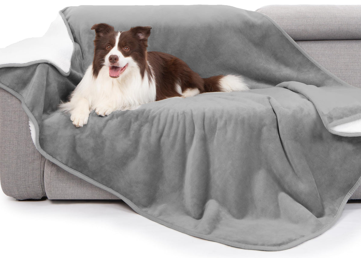 Gogobunny waterproof bed blanket in grey protects bed from spills and fur