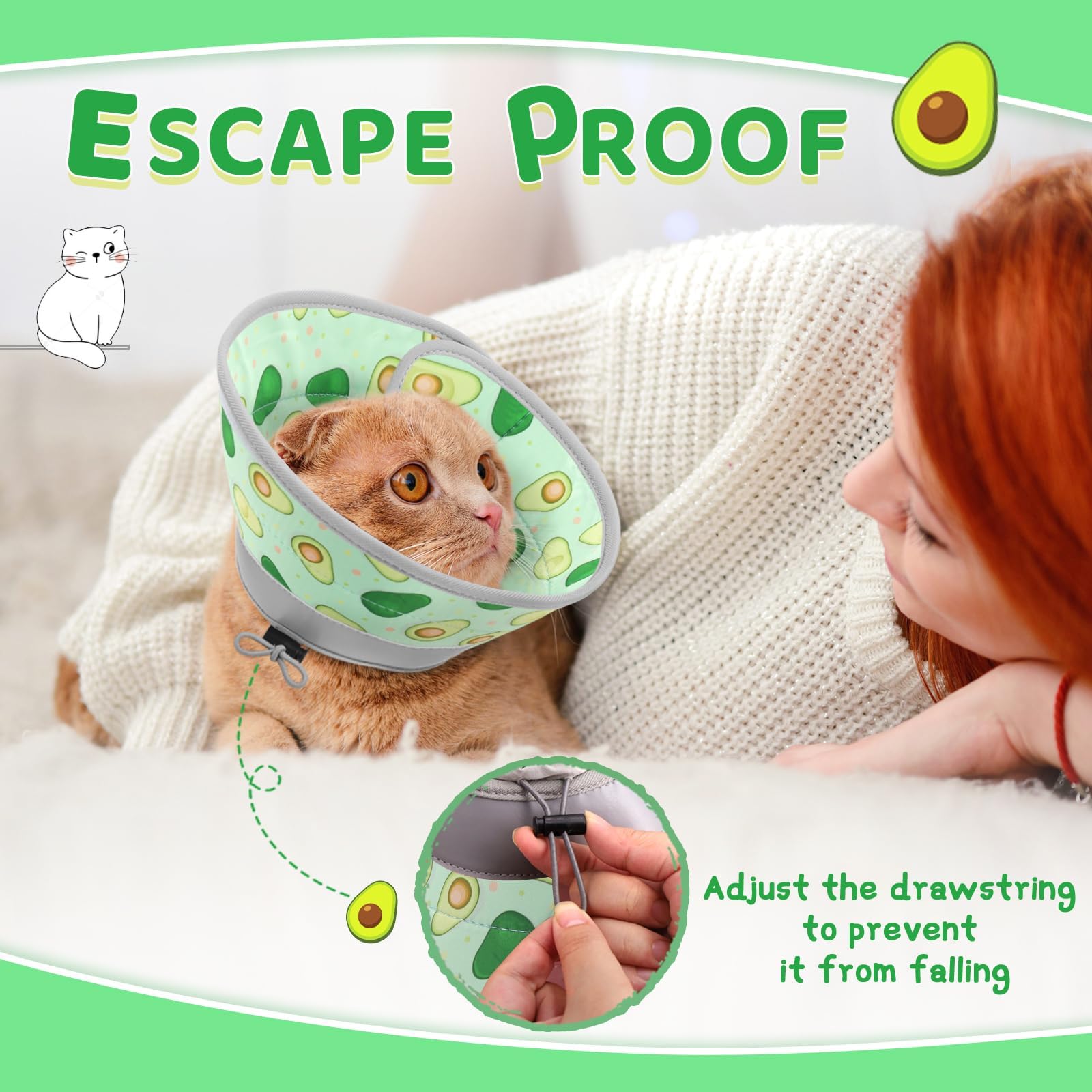GoGoPaw avocado-green cone with strawberry pattern adds style while protecting wounds.