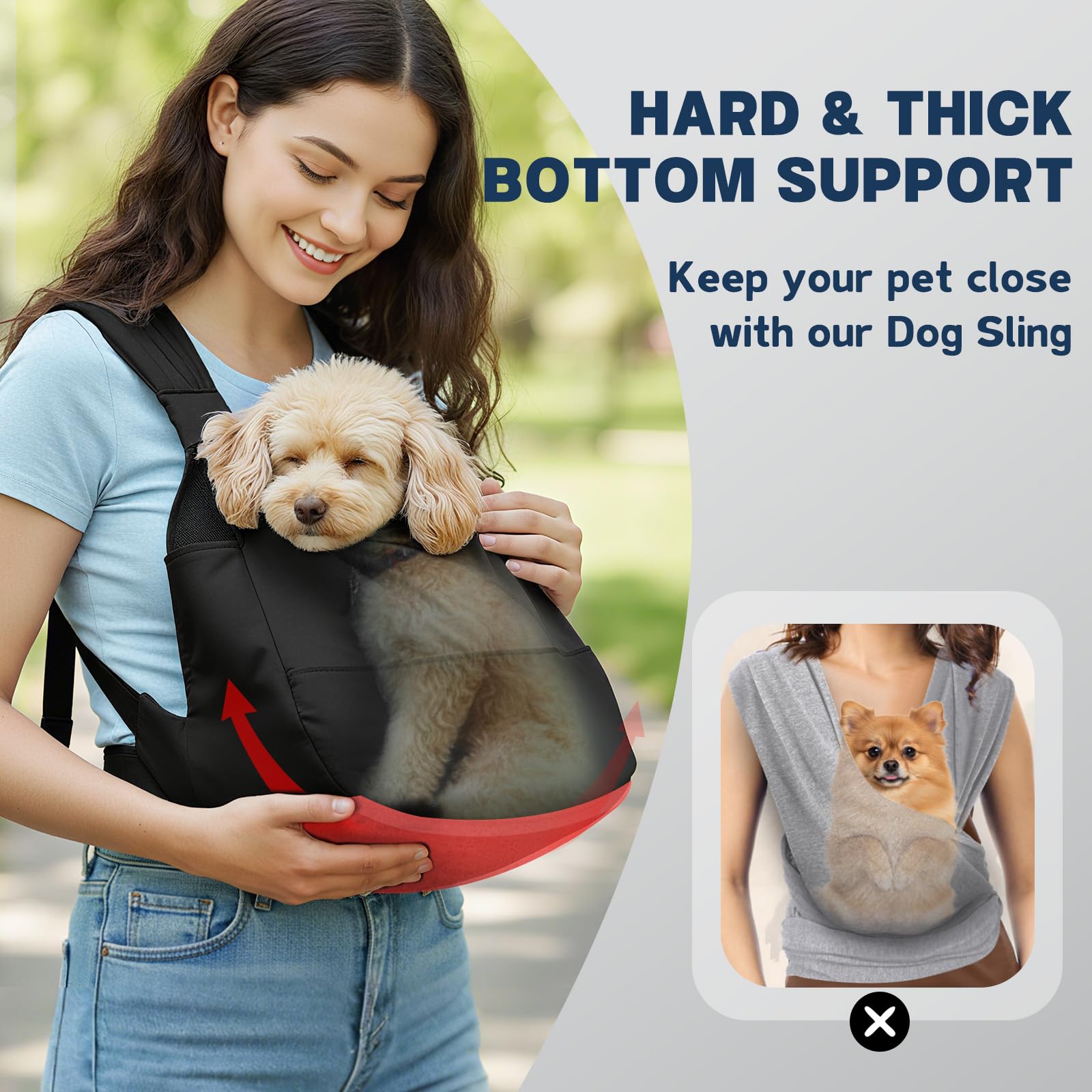GoGoPaw dog sling with wide strap and waist belt reduces back and neck strain.