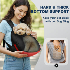 GoGoPaw dog sling with wide strap and waist belt reduces back and neck strain.