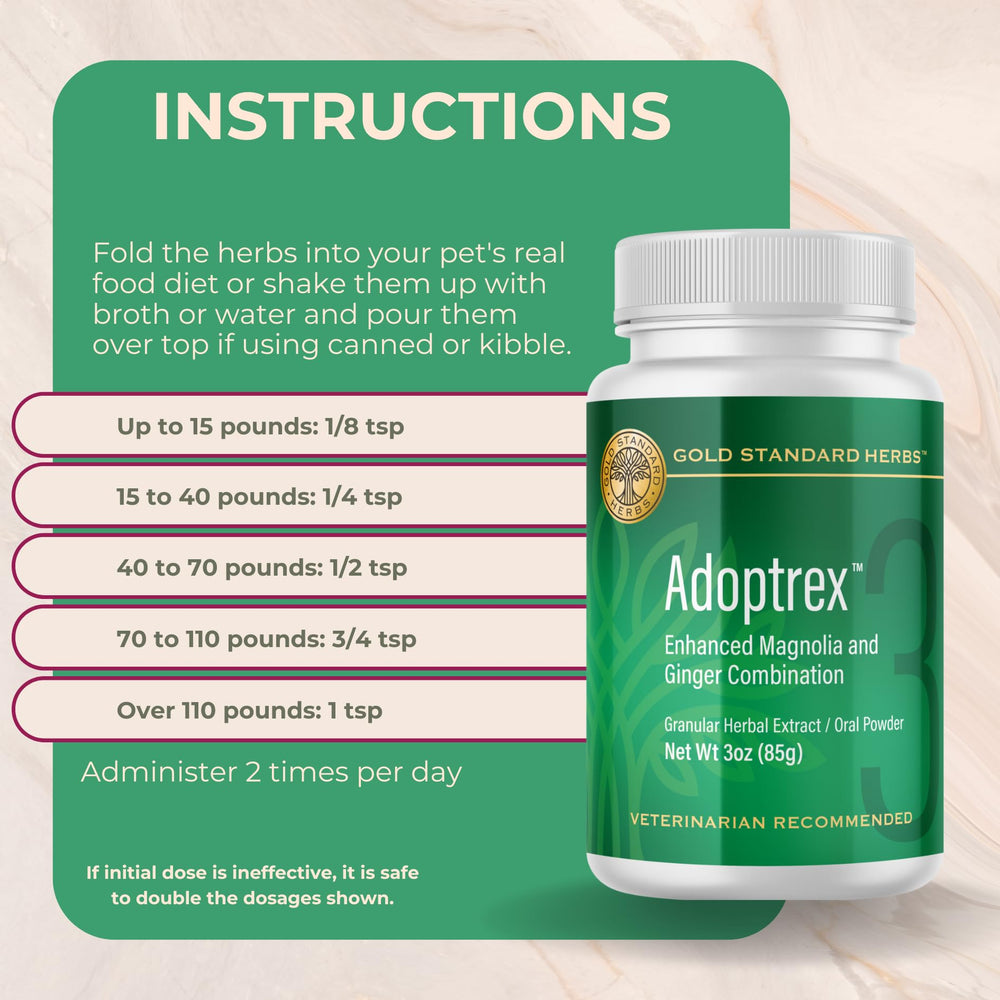 Gold Standard Herbs Adoptrex packaging box indicating veterinary-backed gut support