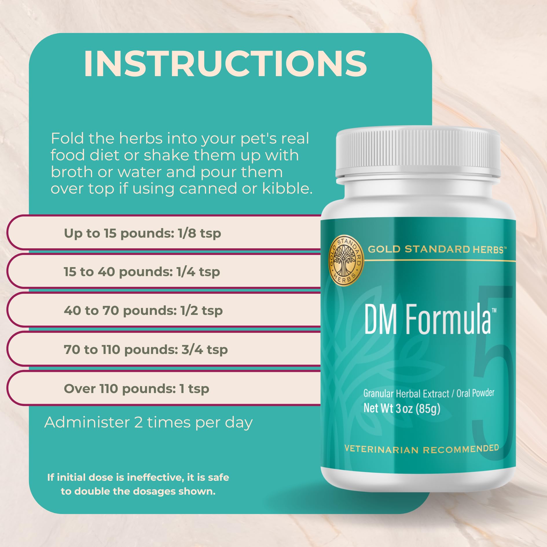 Gold Standard Herbs DM Formula label close-up highlights natural ingredients