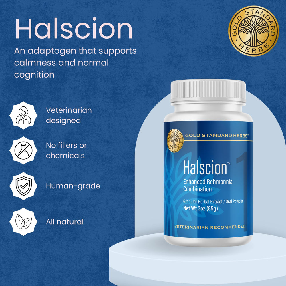 Halscion dog cognition packaging highlights all-natural herbal blend for stress support.