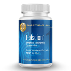 Gold Standard Halscion powder bottle promotes calm, balanced brain function in dogs.