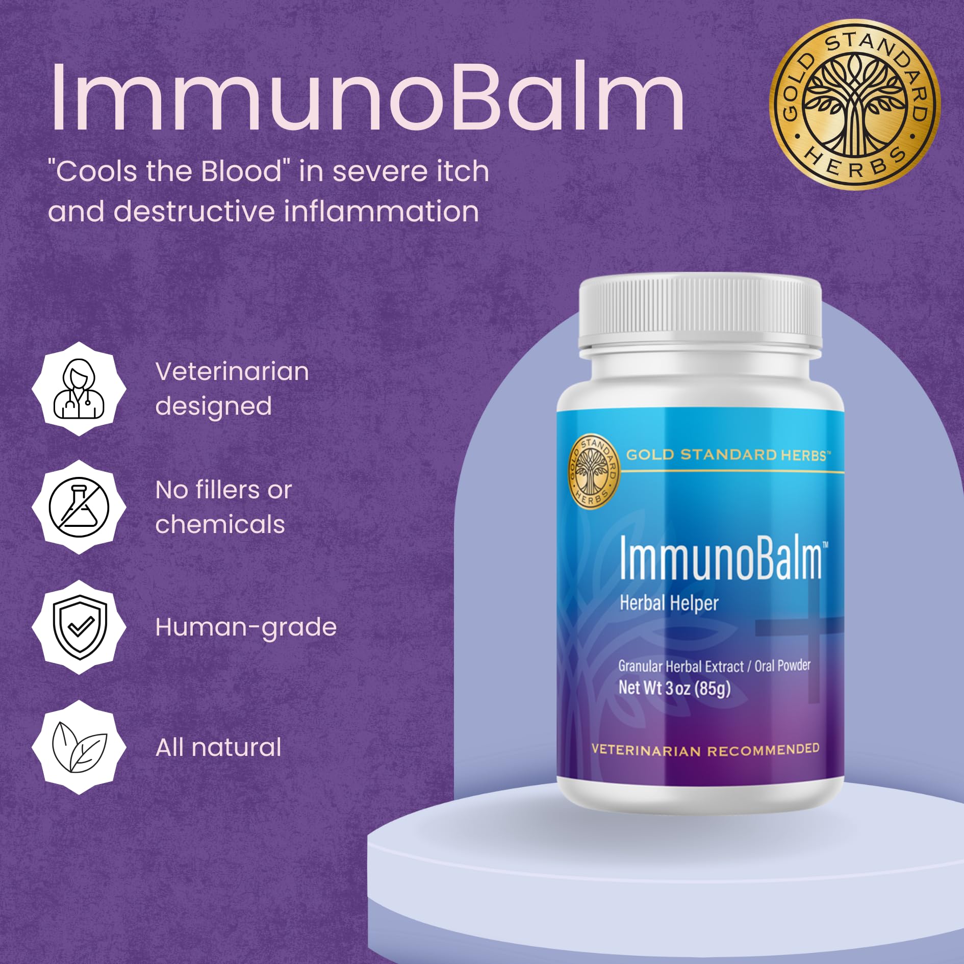 Gold Standard Herbs ImmunoBalm dog application shows gentle dusting on fur to support comfort.