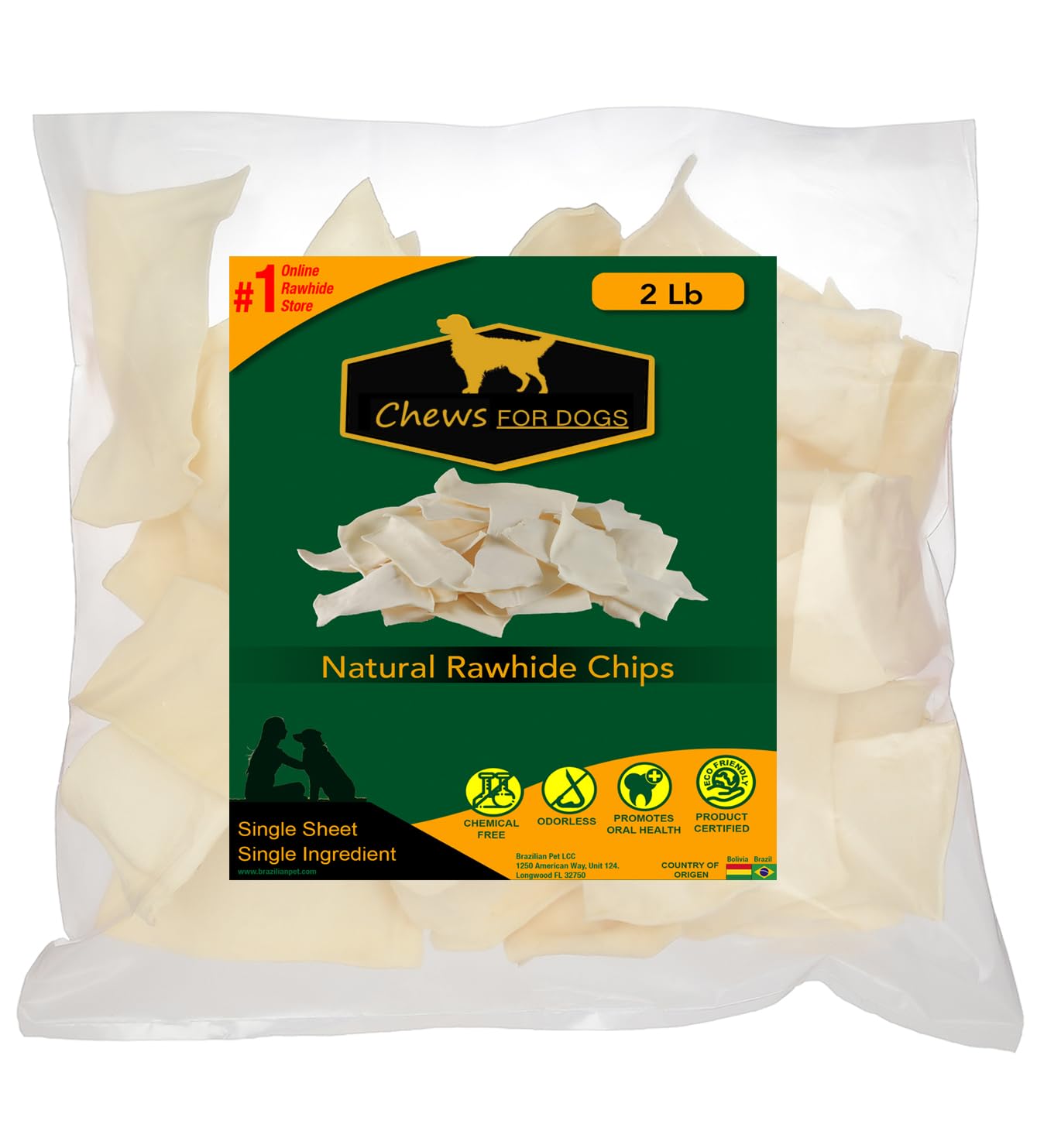 Golden Chews Premium rawhide chips bag, a chewy dental aid for dogs.