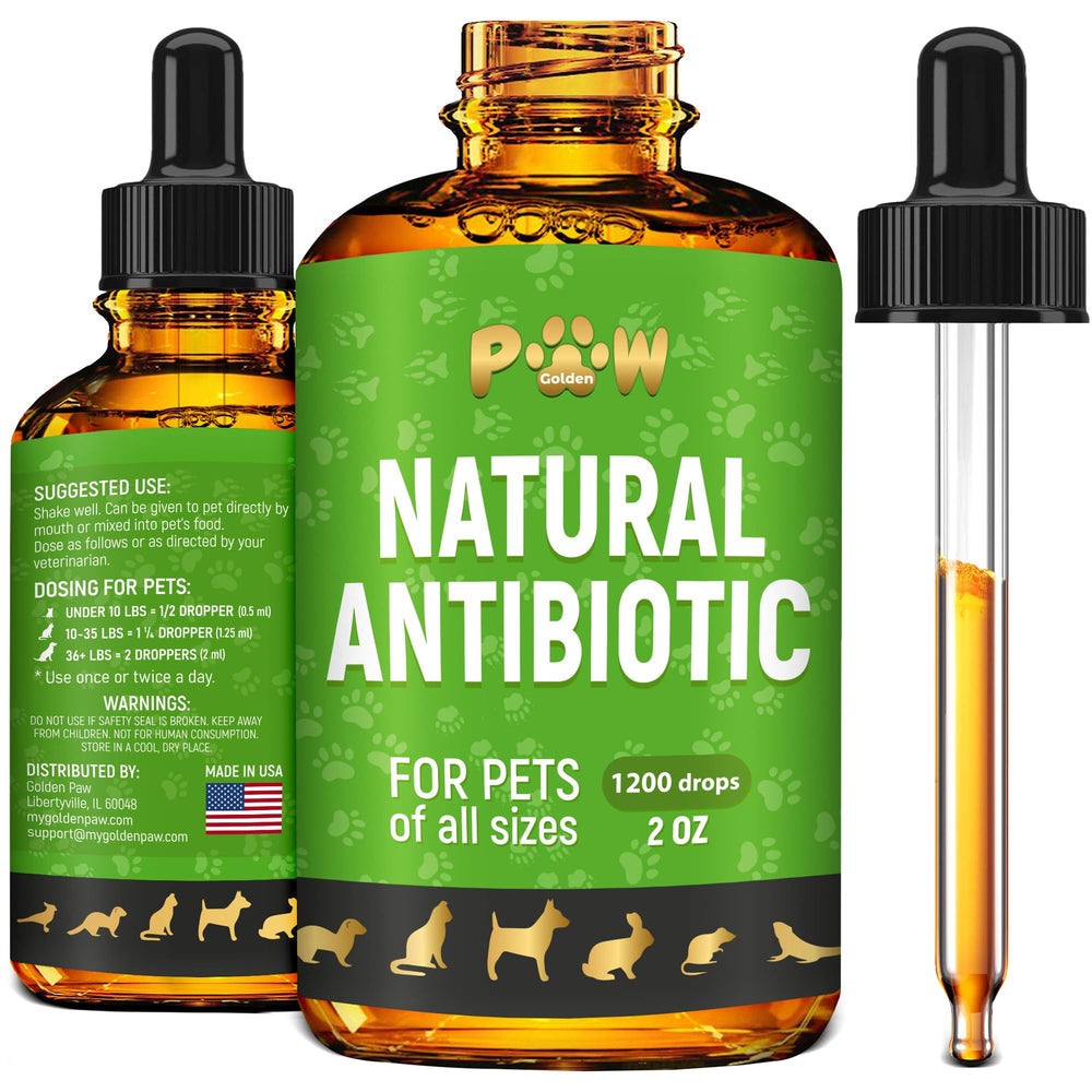 Golden Paw antibiotics drops bottle for dogs supports digestion and skin health.