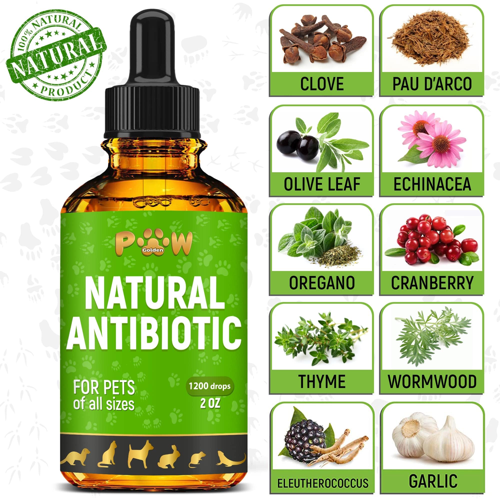 Golden Paw antibiotic drops label highlights organic ingredients for pets.