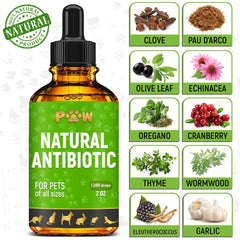 Golden Paw antibiotic drops label highlights organic ingredients for pets.