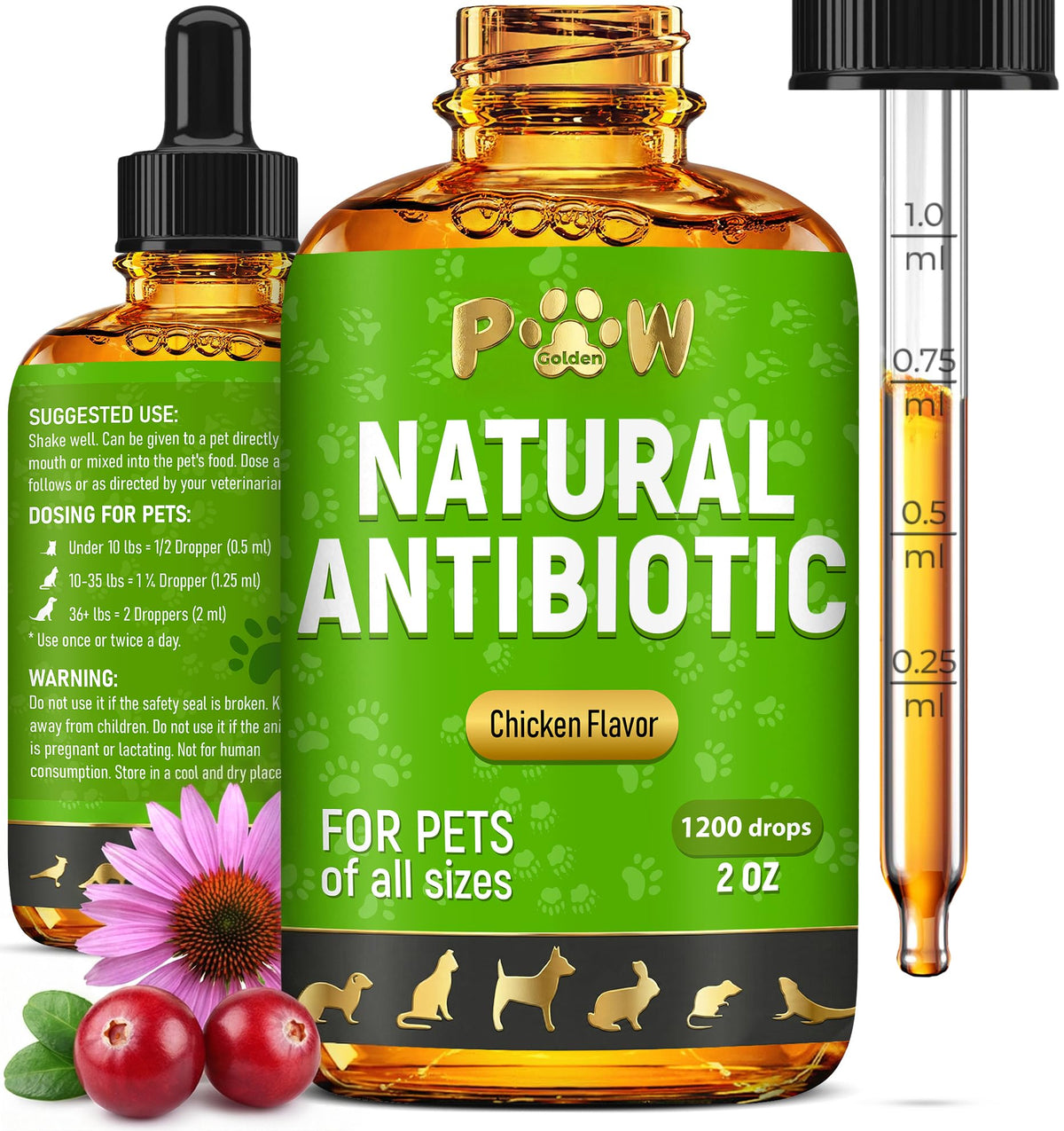 Golden Paw Herbal Antibiotics bottle pour for easy dosing across pets.