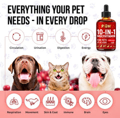 Golden Paw liquid multivitamin cat bottle label highlights 10-in-1 benefits.