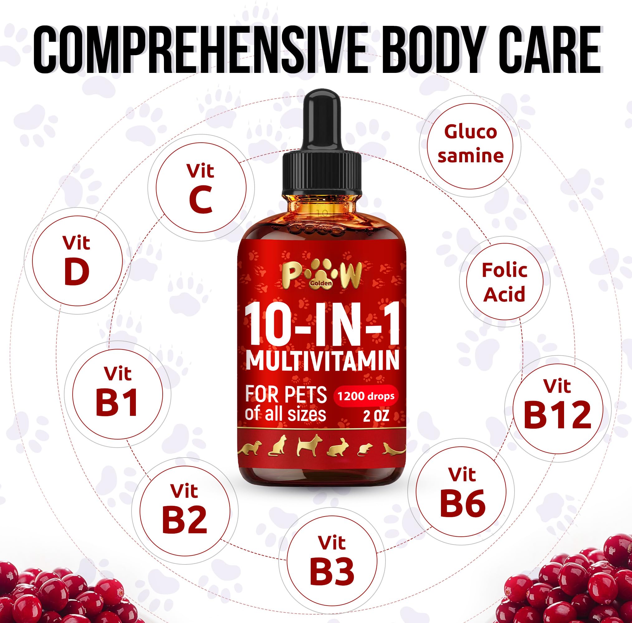Golden Paw cat liquid multivitamin drops for joint support and coat health.