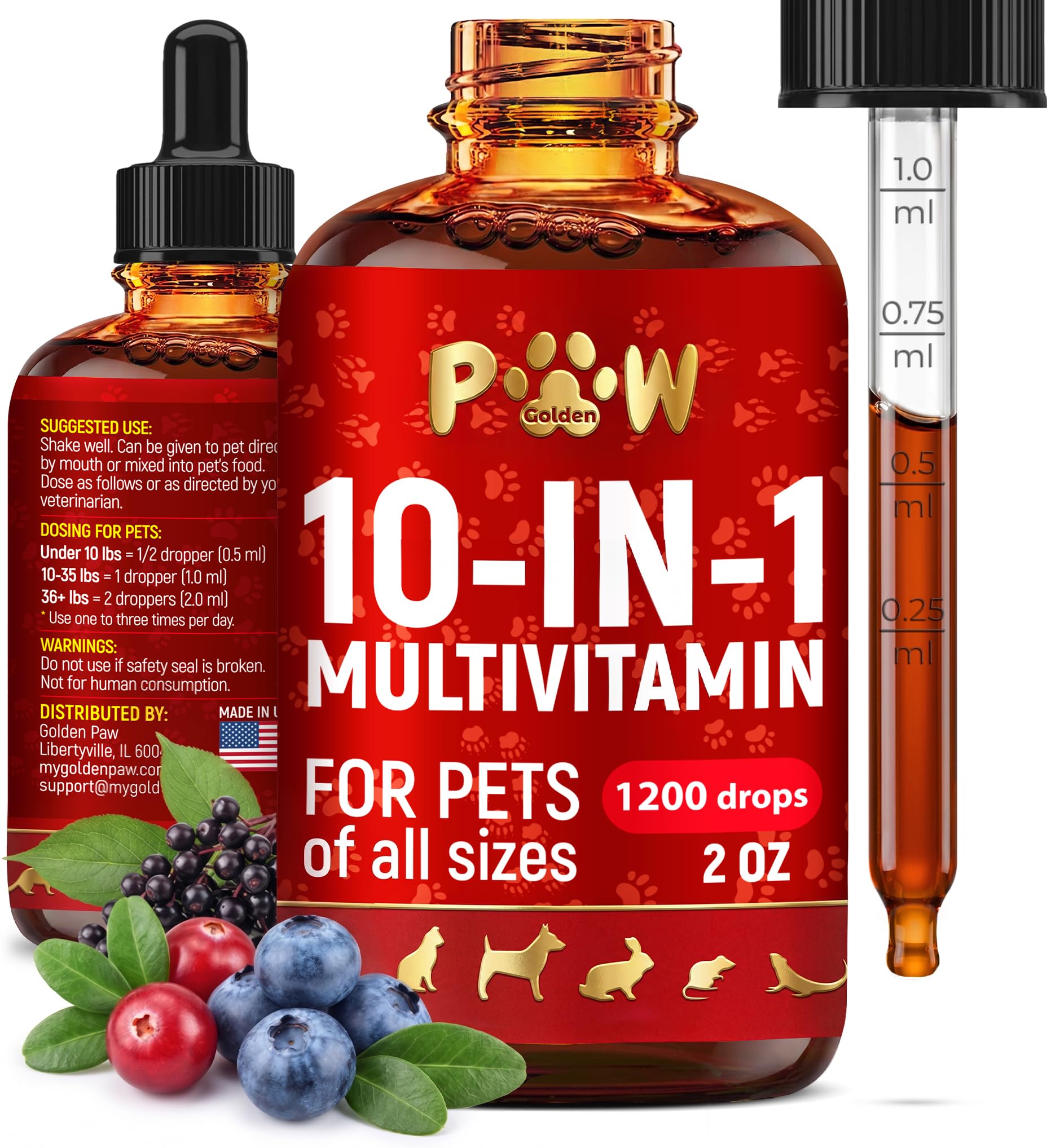 Golden Paw liquid multivitamin dog bottle pour supports daily vitality.