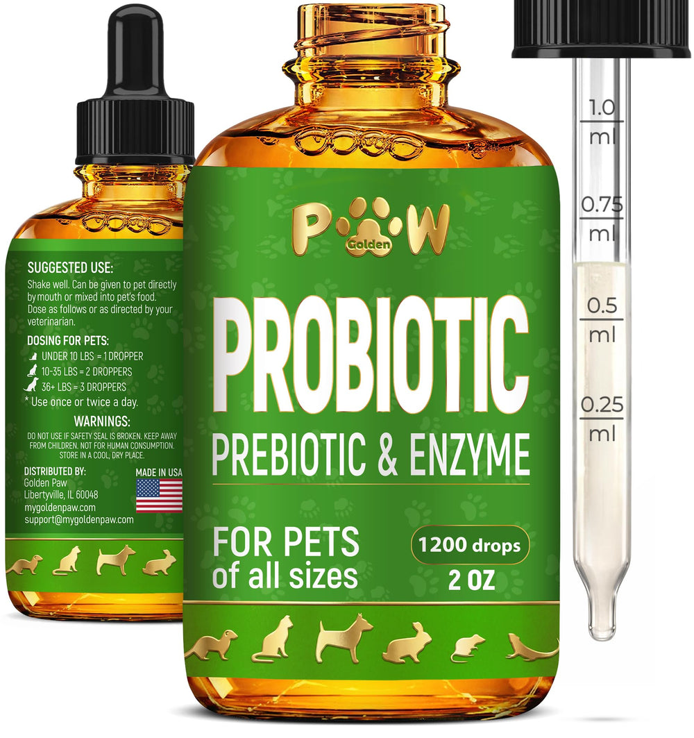 Golden Paw liquid probiotics bottle pour illustrates easy dosing for digestive support.