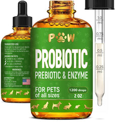 Golden Paw liquid probiotics bottle pour illustrates easy dosing for digestive support.