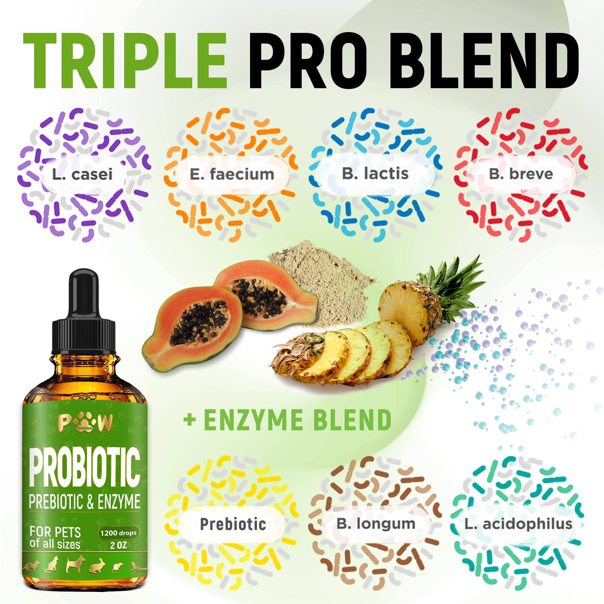 Golden Paw probiotic blend with organic ingredients hints at natural formulation for pets.