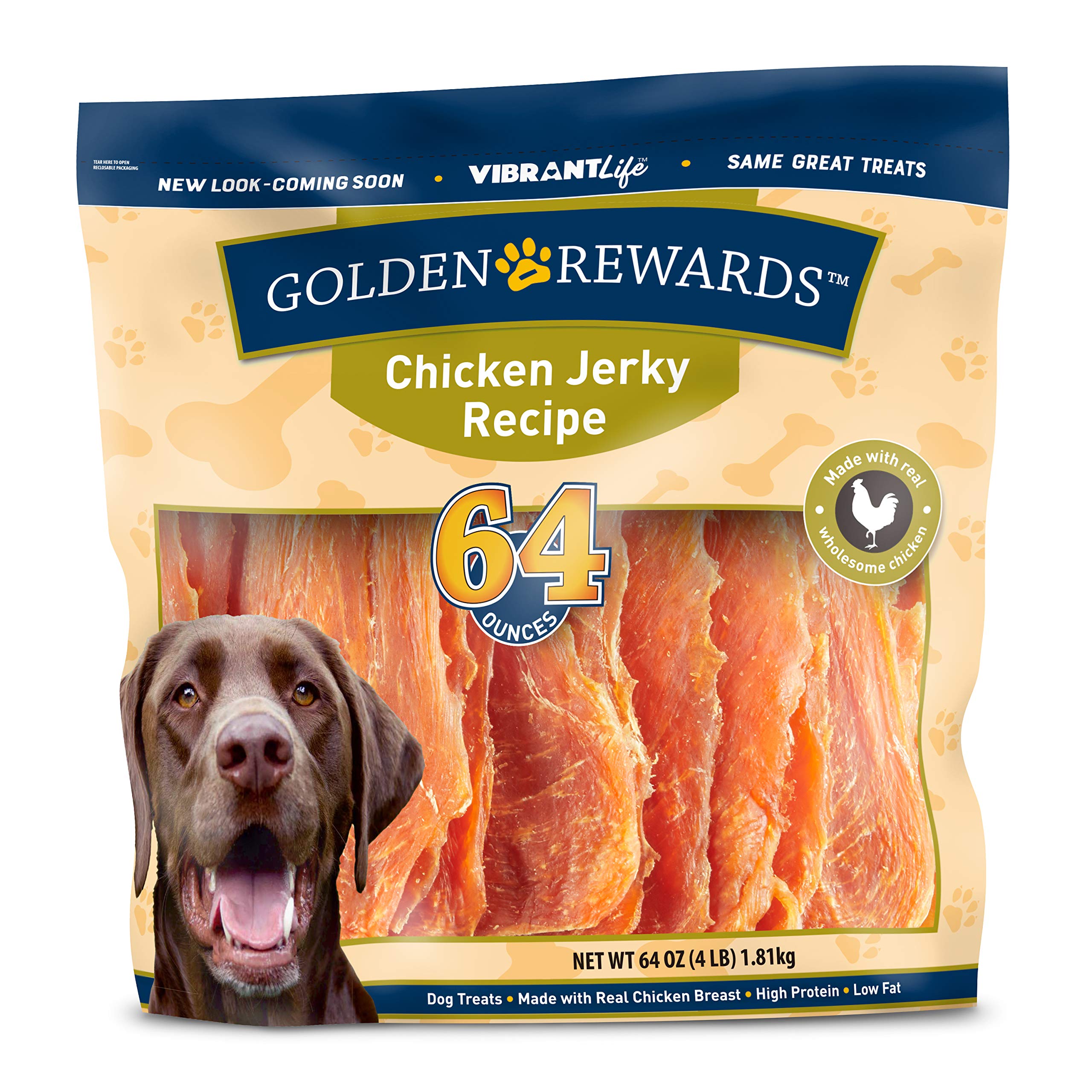 Golden Rewards Chicken Jerky 64oz bag showing real chicken treats for dogs