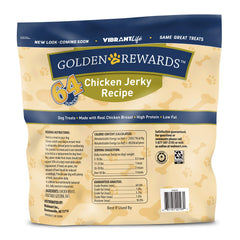 Golden Rewards chicken jerky closeup highlighting premium real chicken breast