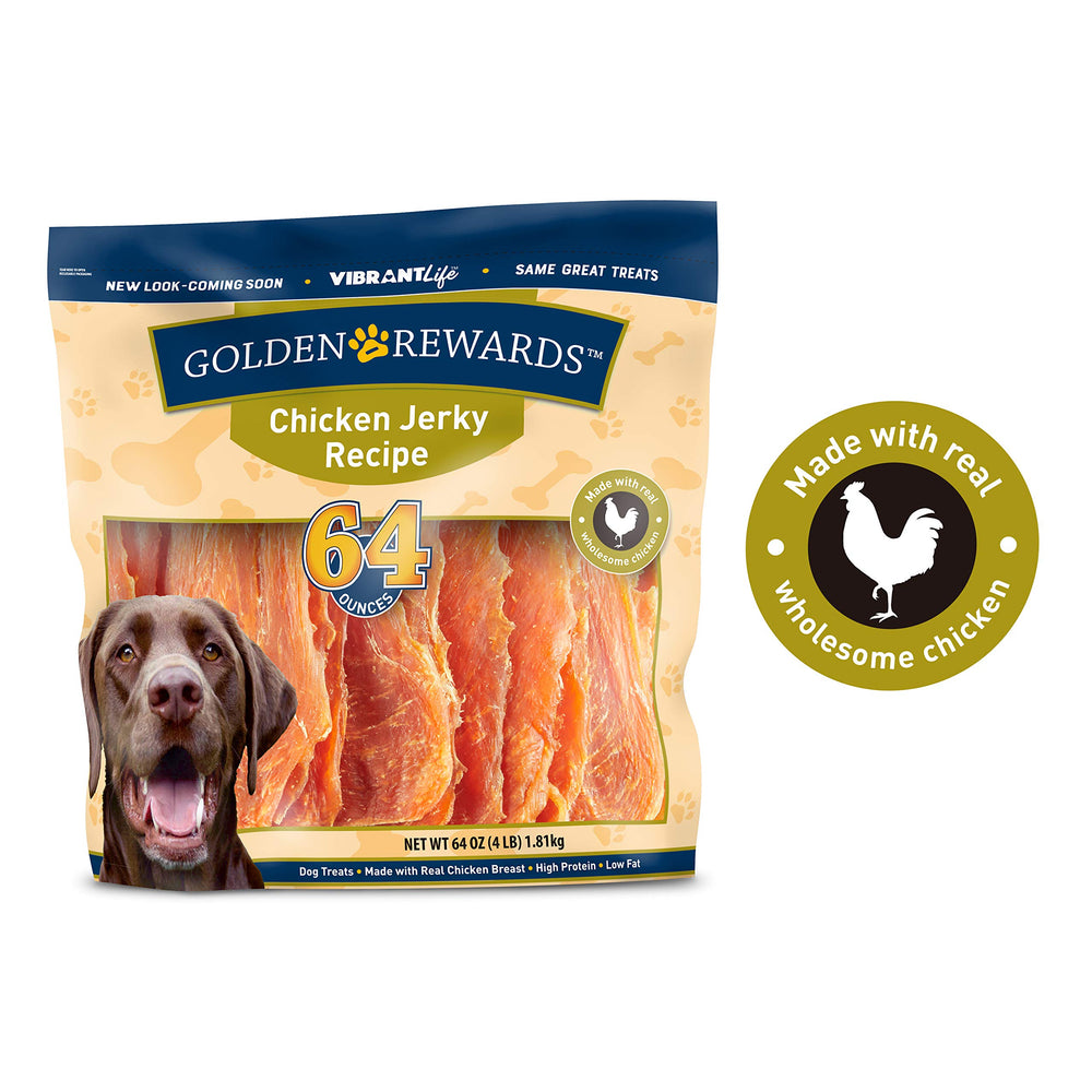 Golden Rewards dog enjoying chicken jerky as a tasty training reward