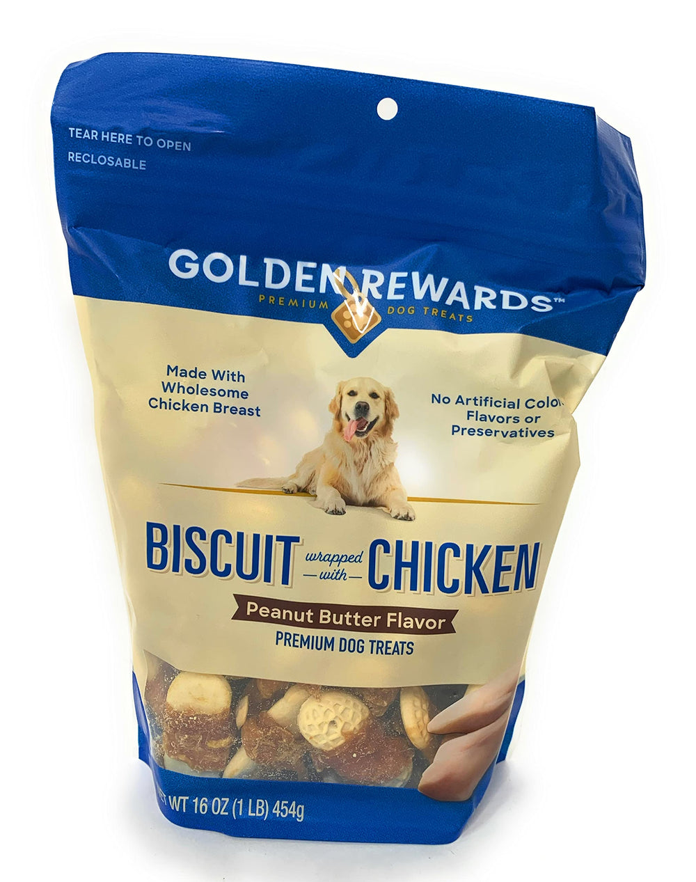 Golden Rewards packaging shows a peanut butter flavored biscuit wrapped with chicken, ideal for training rewards.
