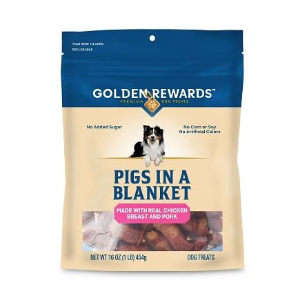Golden Rewards pigs in a blanket dog treats packaging shows resealable 16 oz bag for freshness