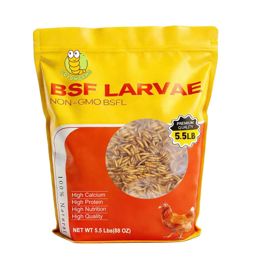 GOLDWORMS dried BSF larvae in a bag for poultry nutrition.