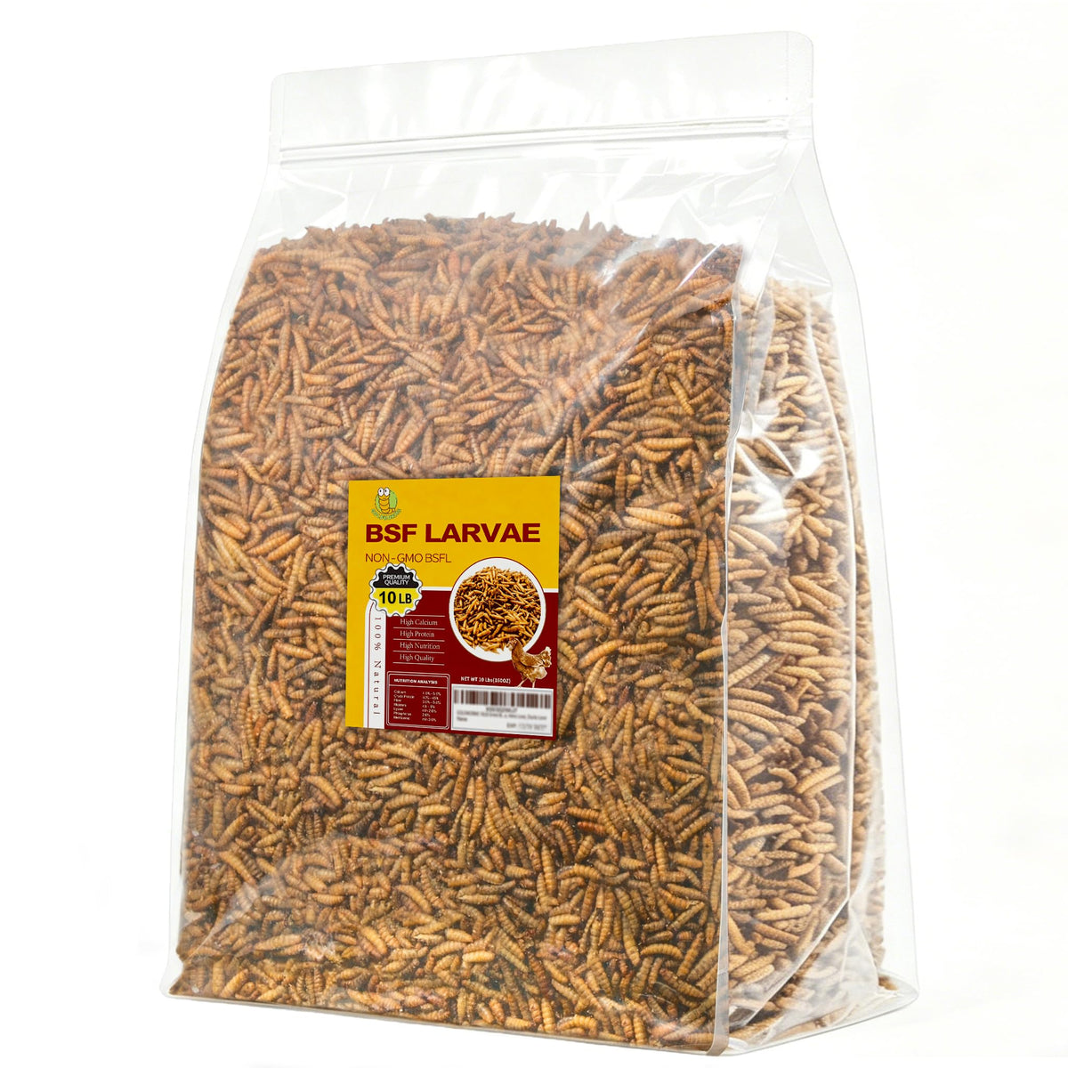 GOLDWORMS BSF larvae dried bag shows a protein-rich poultry treat