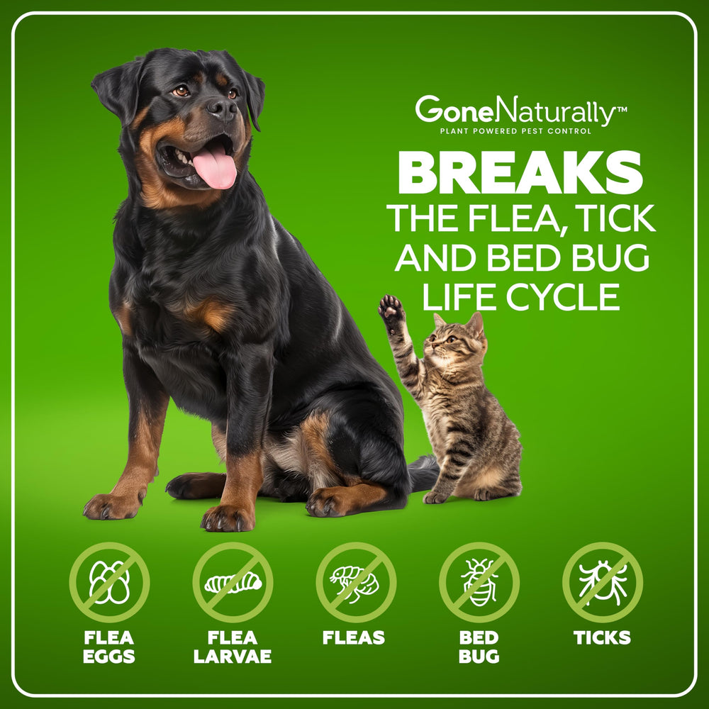 GoneNaturally kills fleas, eggs, and larvae on contact for complete protection