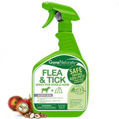 GoneNaturally flea and tick spray on dog's coat for on-contact pest control.