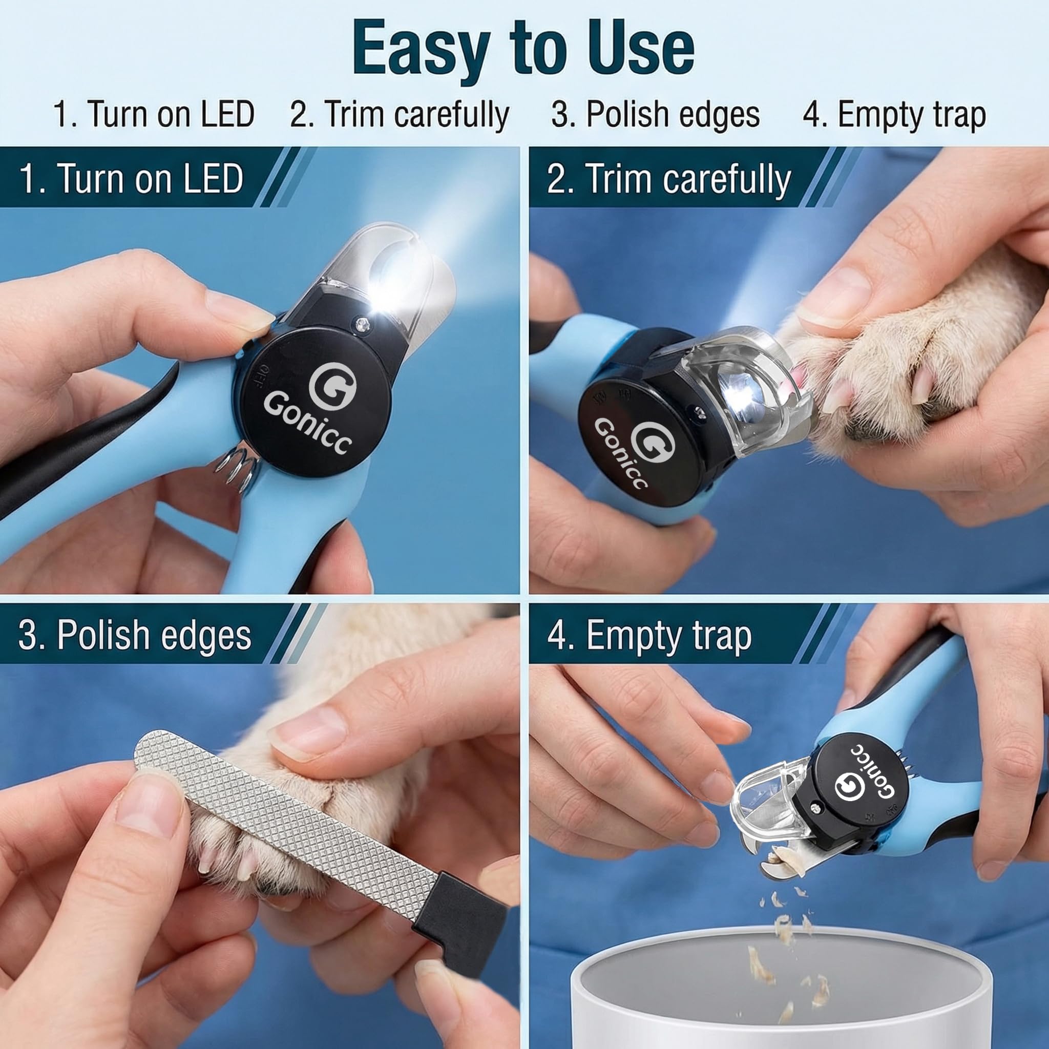 Gonicc built-in nail file inside handle for finishing touches.