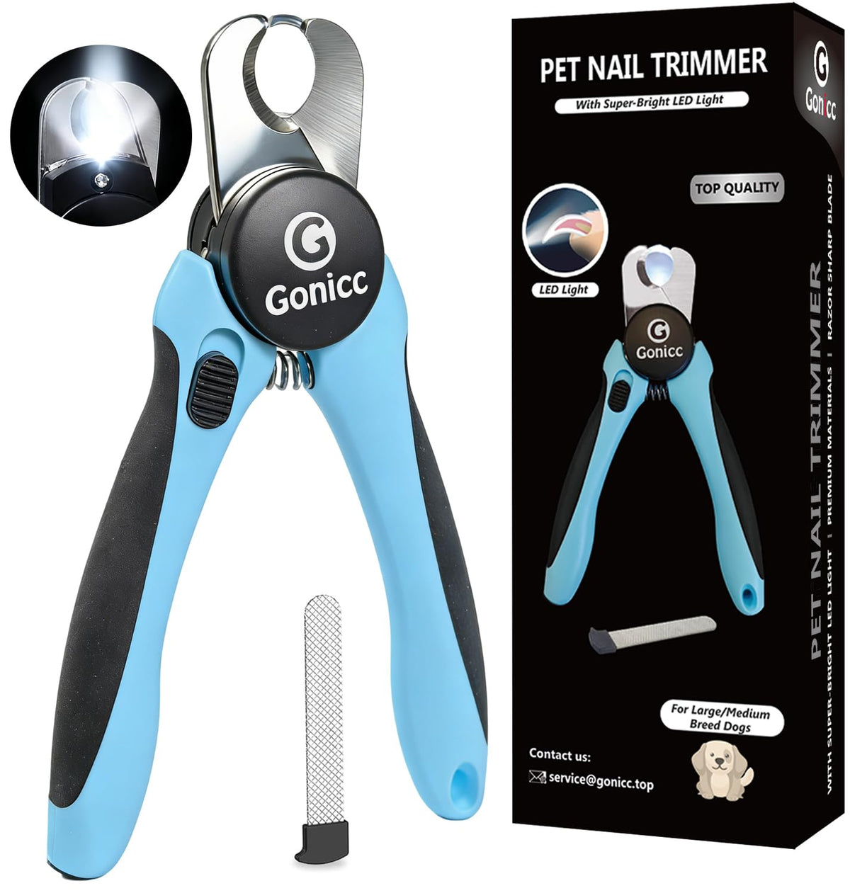 Gonicc LED pet nail clippers illuminate nails for safer trimming.