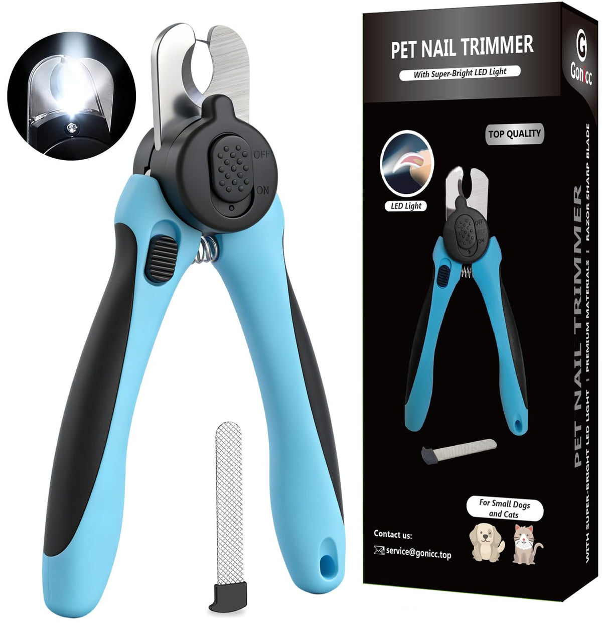 Gonicc LED pet nail clippers with light-up guide for precise trimming on small dogs and cats.