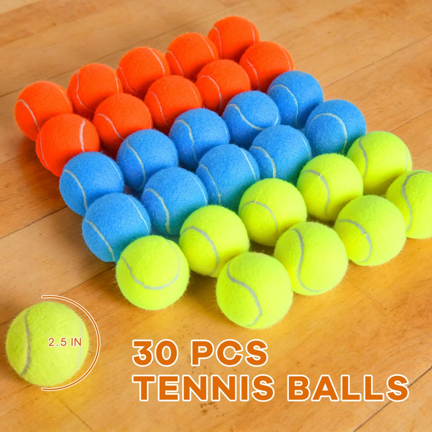 Gonioa tennis balls in orange and blue for high visibility during play