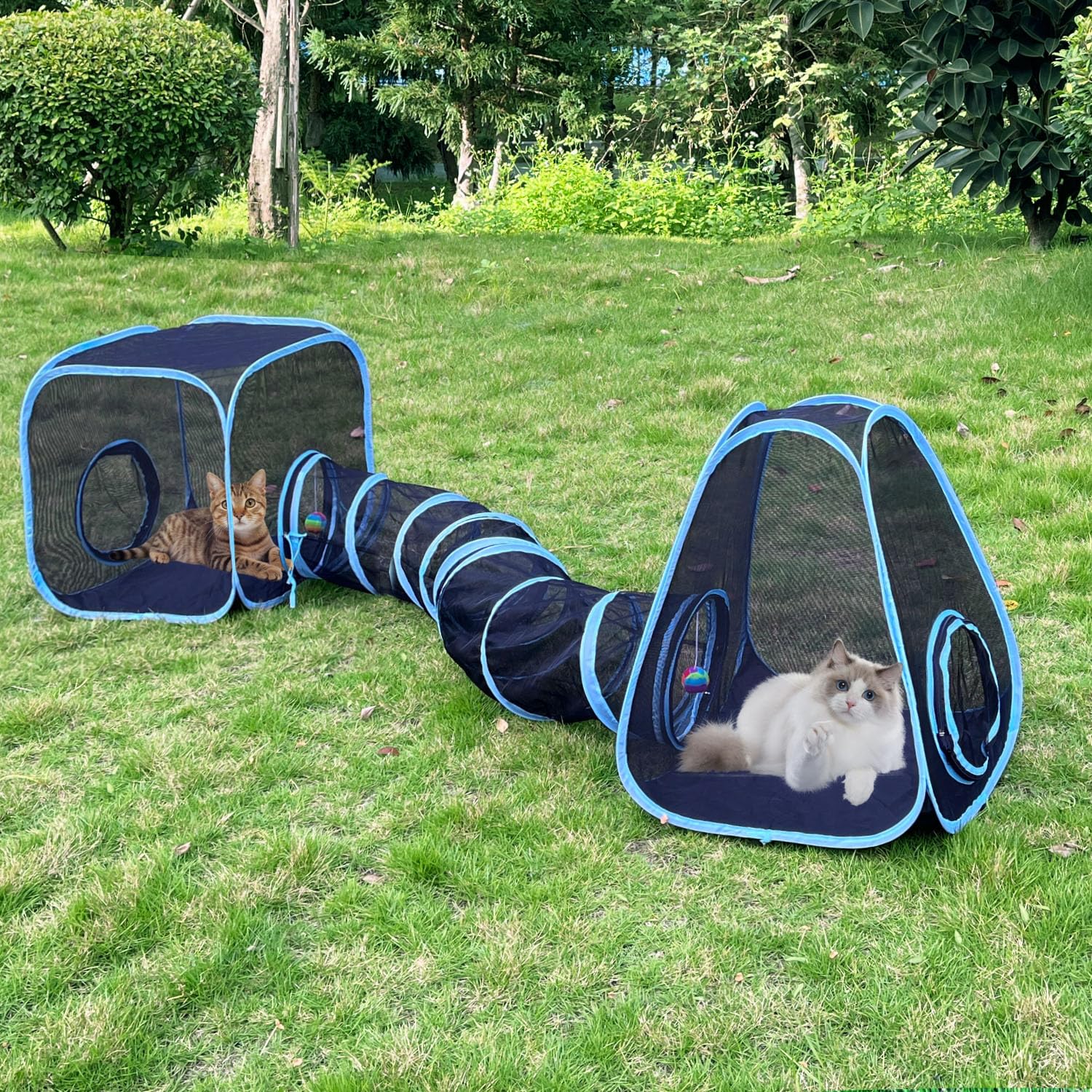 GONPETGP outdoor cat enclosure setup shows quick pop-up assembly for portable outdoor play.