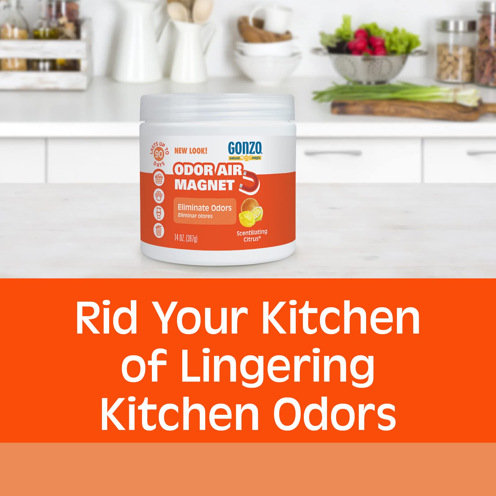 Gonzo Odor Absorbing Gel in kitchen area highlights scent control after cooking