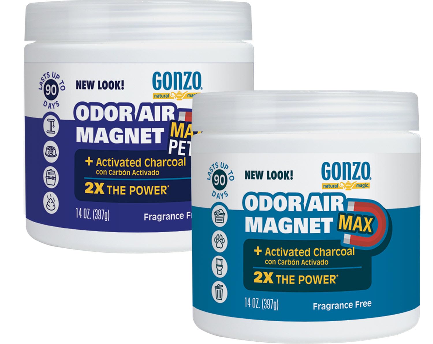 Gonzo Natural Magic Odor Air-Magnet activated charcoal bottle capturing odors at the source.