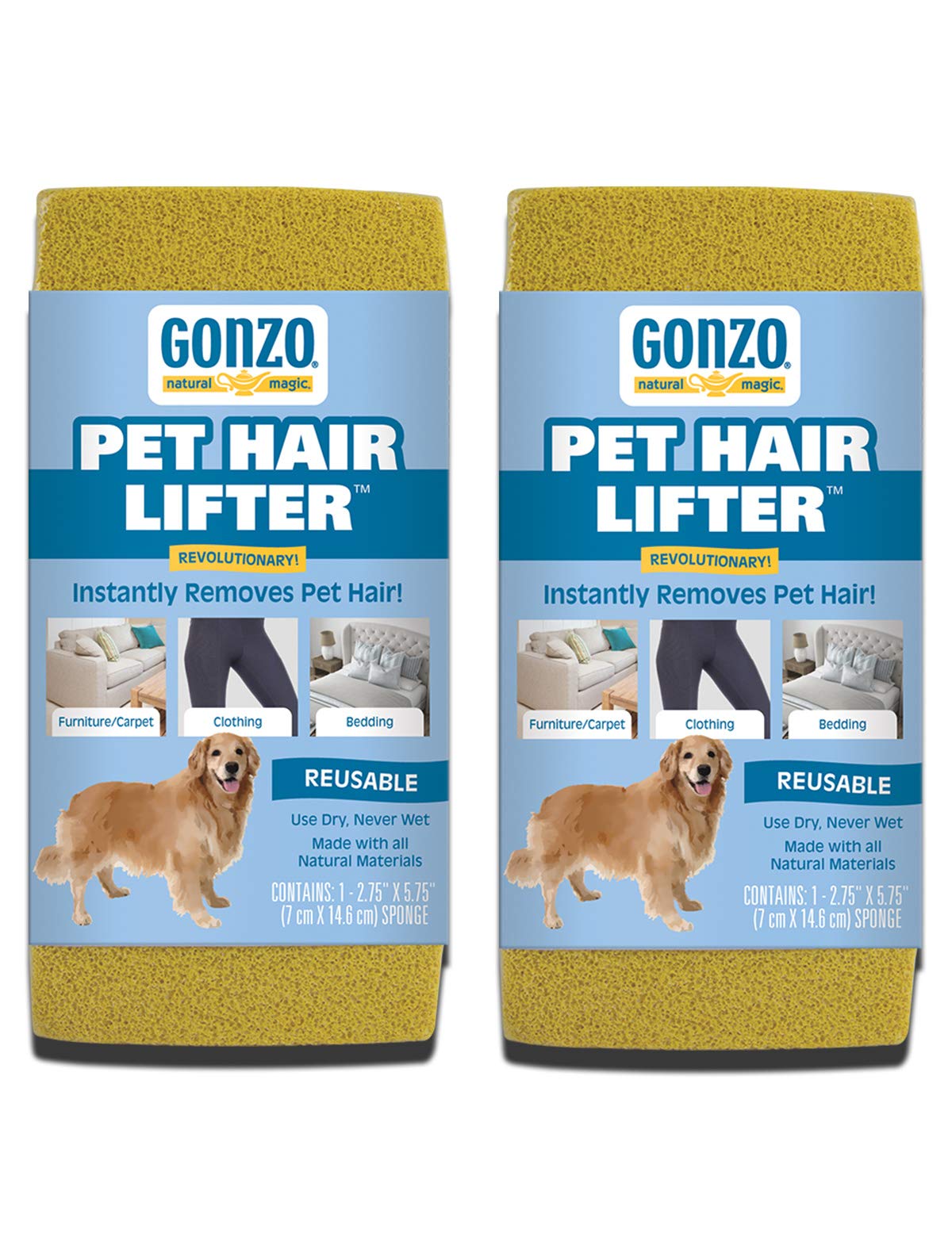 Gonzo Pet Hair Remover two-pack overview demonstrates quick, water-free cleaning for furniture and fabrics.