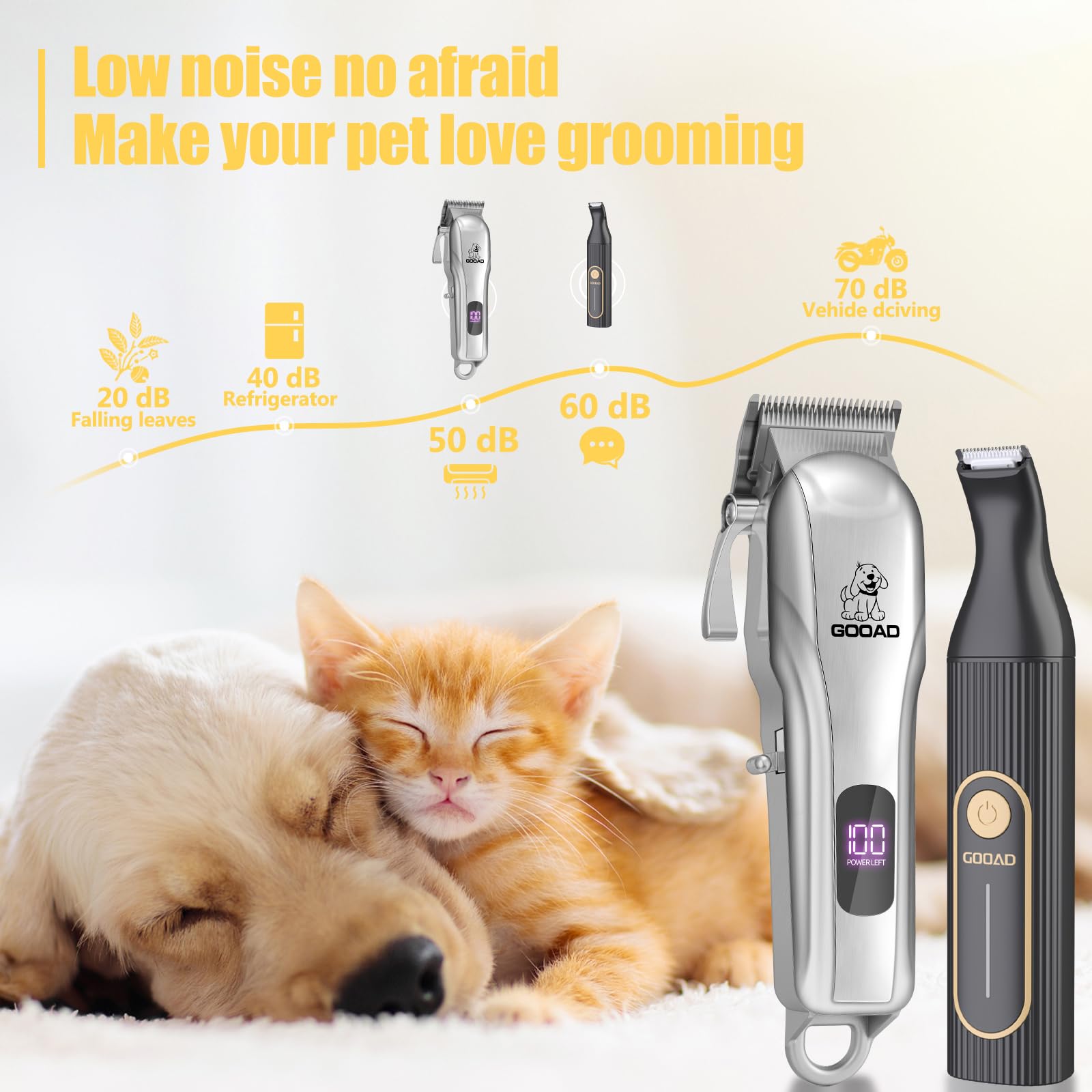 Gooad grooming kit includes eight limit combs, a nail grinder head, and cleaning tools