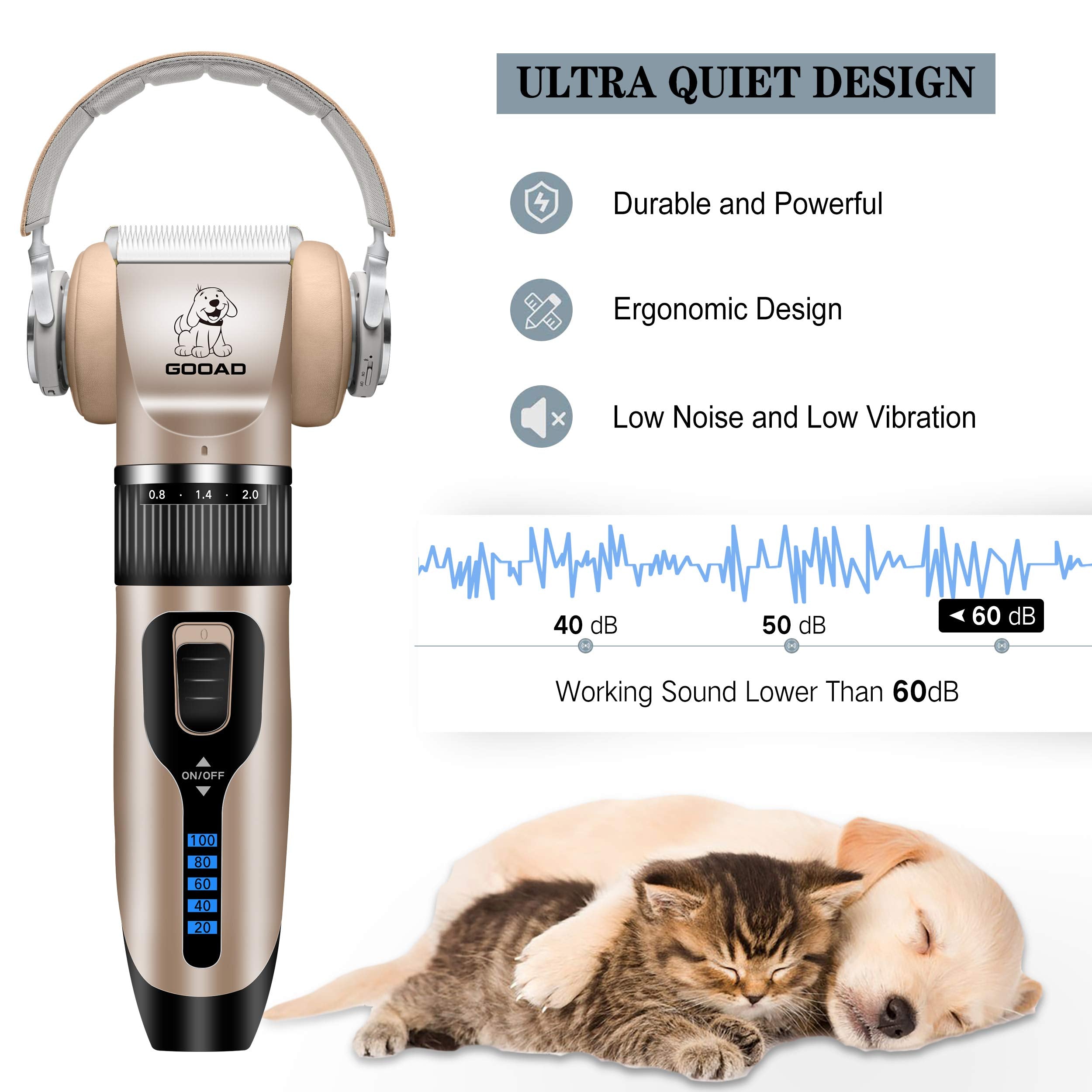 Gooad low-noise clippers operate under 60 dB for calmer grooming.