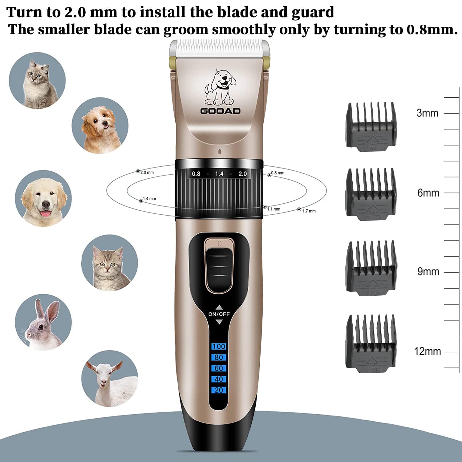 Gooad pet grooming tool set includes combs, scissors, and nail tools.