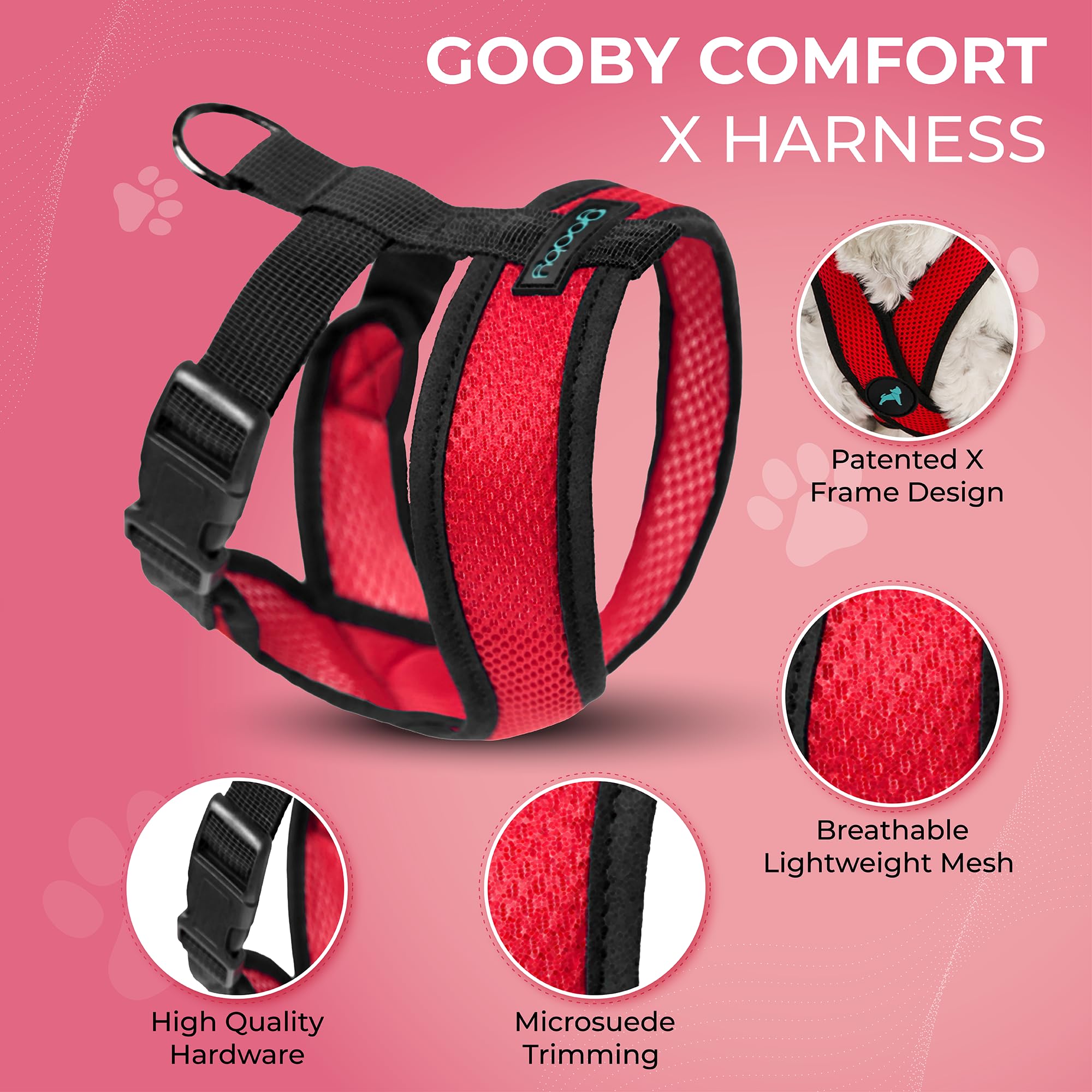 Gooby Comfort X Harness back D-ring enables secure leash attachment.