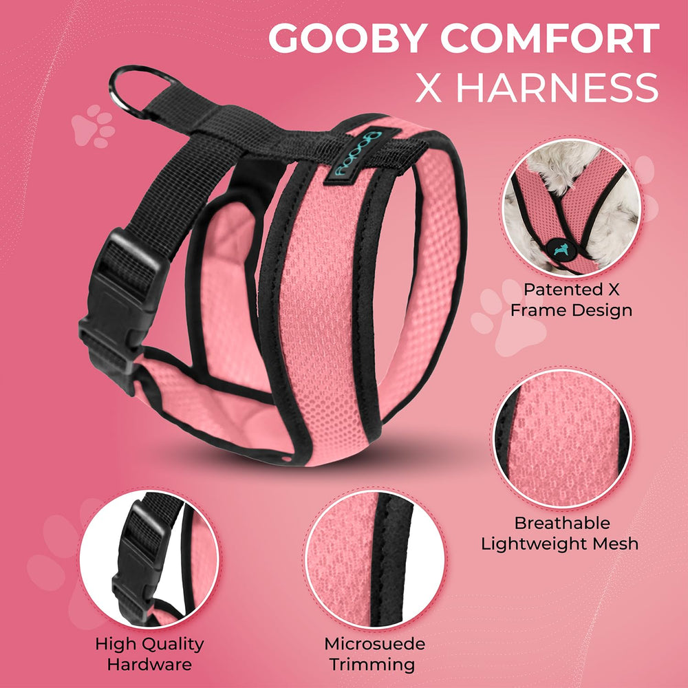 Gooby Comfort X Harness pink chest-strap area; chest-centered design reduces neck pressure.
