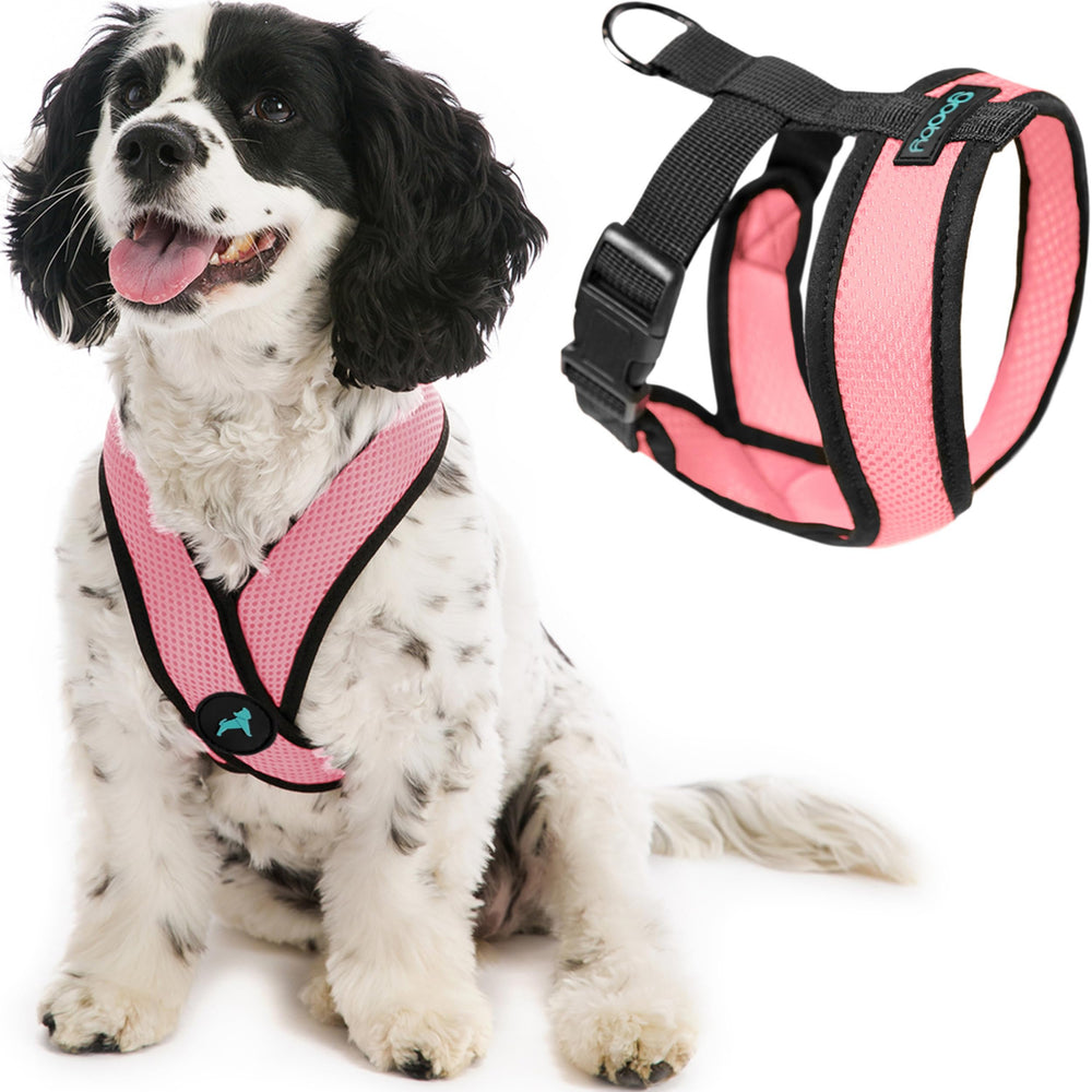 Gooby Comfort X Harness pink front view showing ergonomic design for comfortable walks.