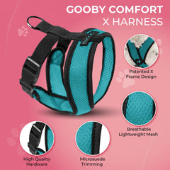 Gooby Comfort X Harness turquoise chest-fit shows secure chest strap for comfort.