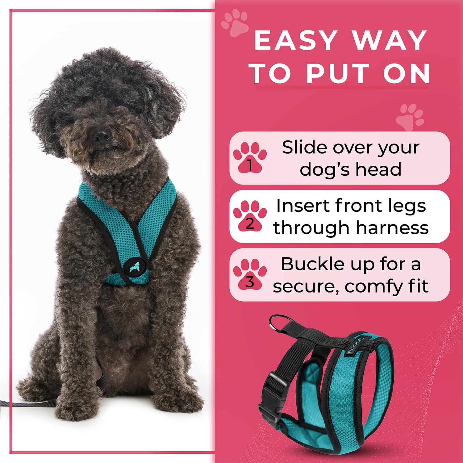 Gooby Comfort X Head-in Harness turquoise adjustable-strap for secure fit.