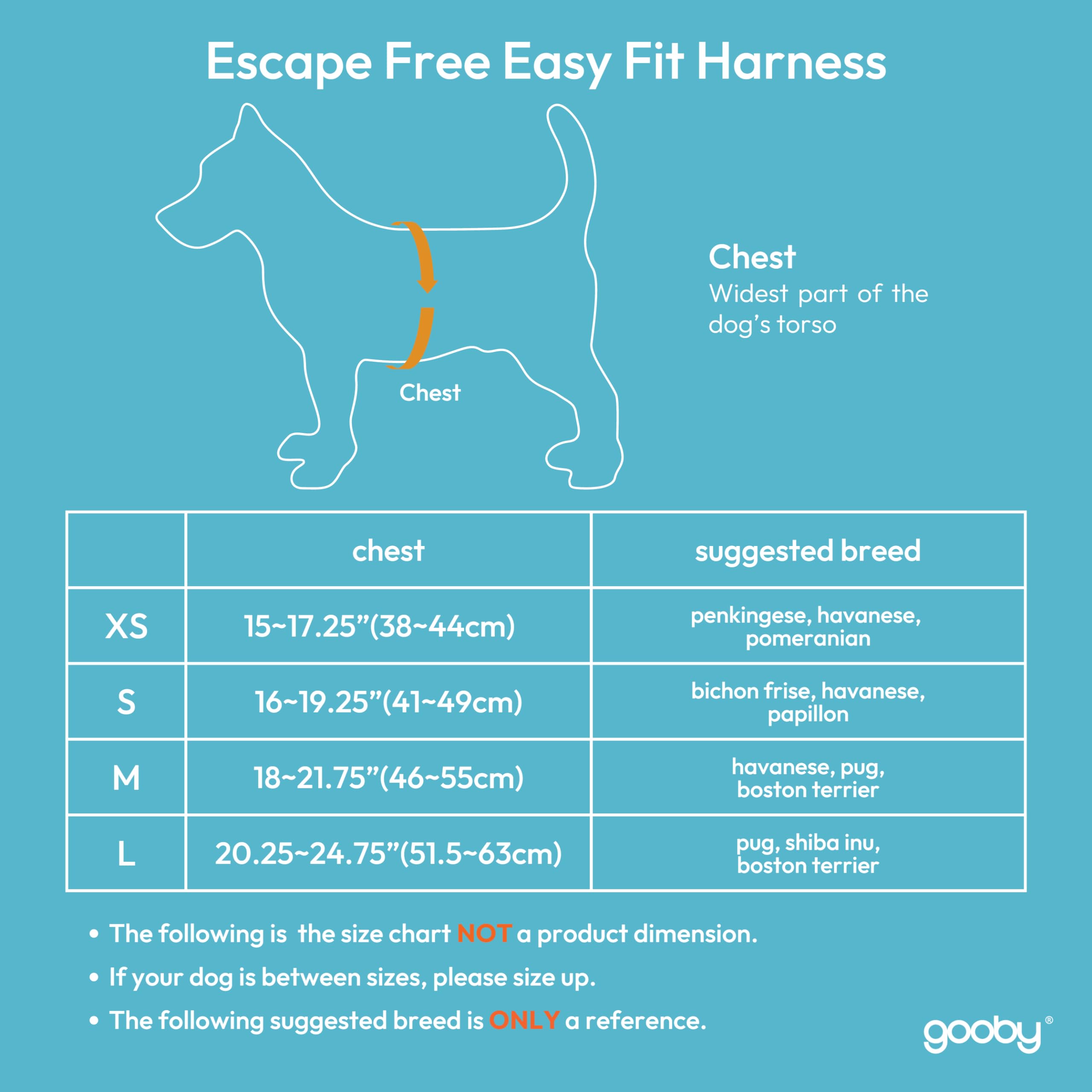 Gooby Escape Free Easy Fit Harness chest measurement guide shows best fit for small breeds.